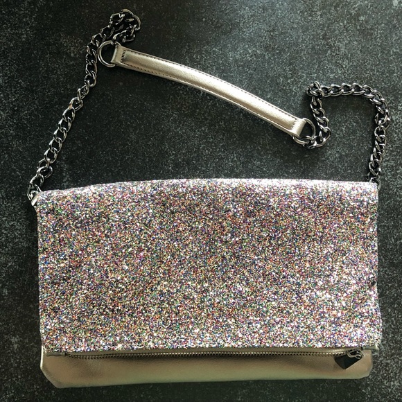Express Handbags - Express multi color glitter and bronze metallic clutch with removable chain